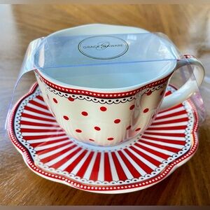 Grace Teaware Josephine red tea cup and saucer polka swiss dot candy stripe
